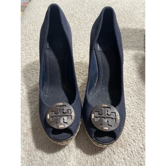 Tory Burch Womens 9.5 M Cerise Canvas Peep Toe Wedge Espadrille Pumps Blue - Picture 3 of 13